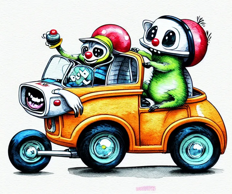 Prompt: cute and funny, racoon wearing a helmet riding in a tiny clown car with oversized engine, ratfink style by ed roth, centered award winning watercolor pen illustration, isometric illustration by chihiro iwasaki, edited by range murata, tiny details by artgerm and watercolor girl, symmetrically isometrically centered, focused
