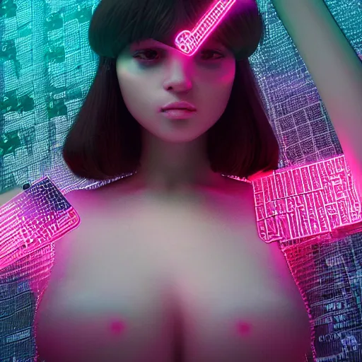 Prompt: swimming through a pile of modular synth cables, empathy machines, to see a kawaii puerto rican goddess staring through the mothership of your souls, wearing a headpiece made of circuit boards, by alastair reynolds and stanley kubrick, pink, trending on artstation, cinematic, 3 d render, photorealistic