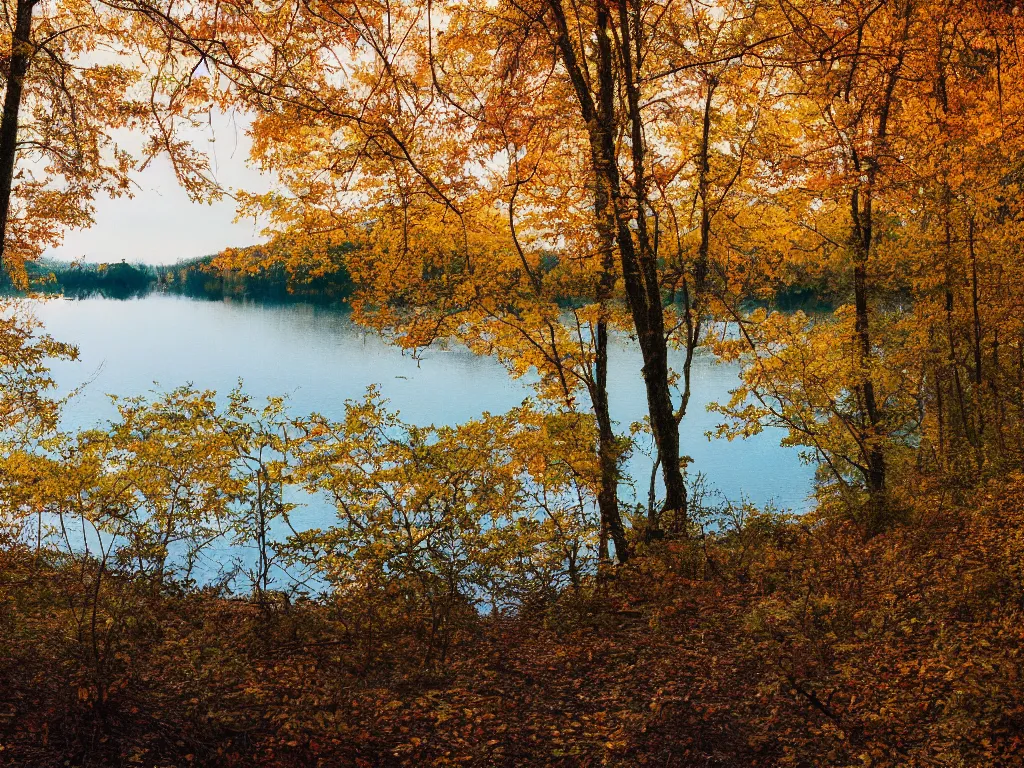 Image similar to a lake in the woods during autumn, photograph, color film