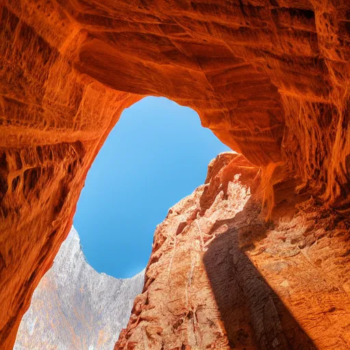 Prompt: photo of a giant orange colored glowing transparent humanoid of one thousand feet of height standing next to a skyscraper inside a cave