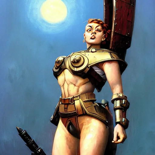 Prompt: A mixed media portrait painting of a very beautiful dwarf warrior girl, sweat, aesthetic symmetrical face and eyes, photorealistic, model, wet, starship-troopers, pacific-rim-mech in background, eighties pinup style, by Frank Frazetta, Boris Vallejo, Beeple, Greg Rutkowski, Christian MacNevin, epic fantasy character art, high fantasy, CGsociety, exquisite detail, post-processing, masterpiece, cinematic