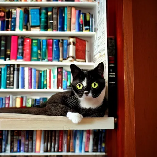 Prompt: cat wearing a hat on a bookshelf