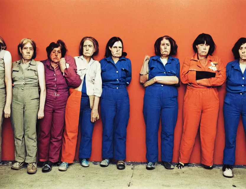 Image similar to six woman with masculine faces in jail by william eggleston