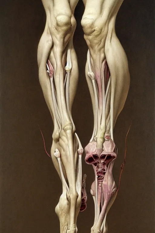 Image similar to human calf and tibia artists anatomy in the style of wayne barlowe, gustav moreau, goward, bussiere, roberto ferri, santiago caruso, luis ricardo falero, dali