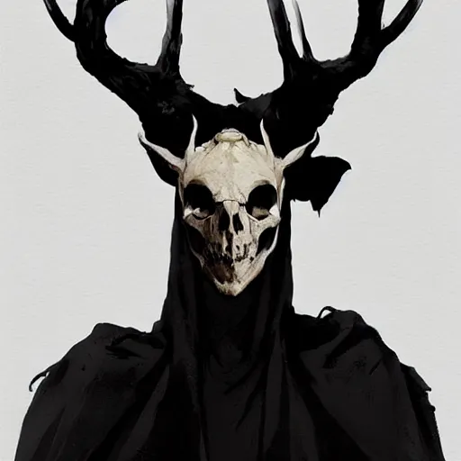 Image similar to portrait of a character wearing a black cloak, with a white mask in the shape of a deer skull, the mask covers her entire face, there are no antlers, dramatic lighting, illustration by Greg rutkowski, yoji shinkawa, 4k, digital art, concept art, trending on artstation