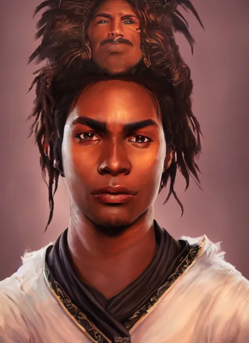 Prompt: An epic fantasy comic book style portrait painting of a young dark skinned long haired boy in peasant clothes with intelligent eyes in the style of the wheel of time, unreal 5, DAZ, hyperrealistic, octane render, cosplay, RPG portrait, dynamic lighting