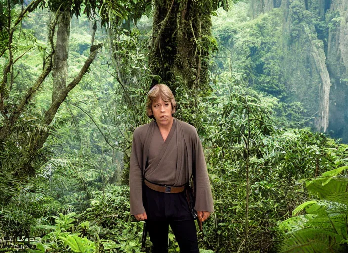 Image similar to luke skywalker at the new jedi temple, surrounded by jungle in the background. detailed portrait photo of faces. Photographed with Leica Summilux-M 24 mm lens, ISO 100, f/8, Portra 400