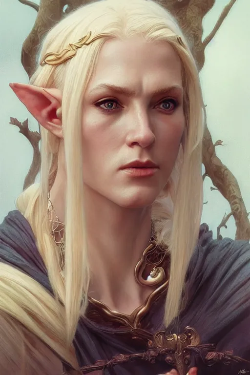 Image similar to portrait of an old blonde elven mage, dark, piercing eyes, gentle expression, elegant clothing, photorealistic, highly detailed, artstation, smooth, sharp focus, art by michael whelan, artgerm, greg rutkowski and alphonse mucha