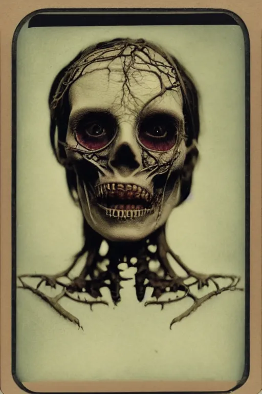 Image similar to an 1 9 1 0 polaroid photography of a very sad and detailed rotten woman corpse with fractal ornate growing around her face muscles, veins, arteries, bones, anatomical, skull, eye, ears, full body, intricate, surreal, ray caesar, john constable, guy denning, dan hillier, black and white