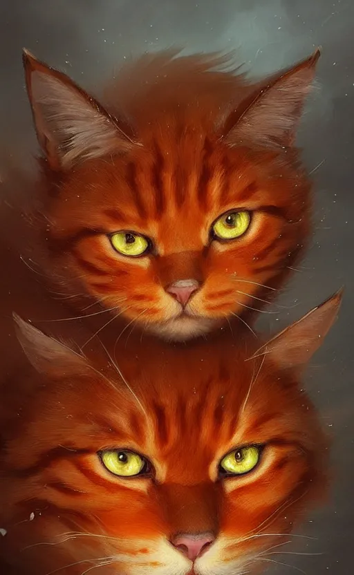 Image similar to a fluffy orange cat with long whisters and stern brown eyes, digital painting by greg rutkowski, artstation, intricate, highly detailed, cinematic lighting, concept art