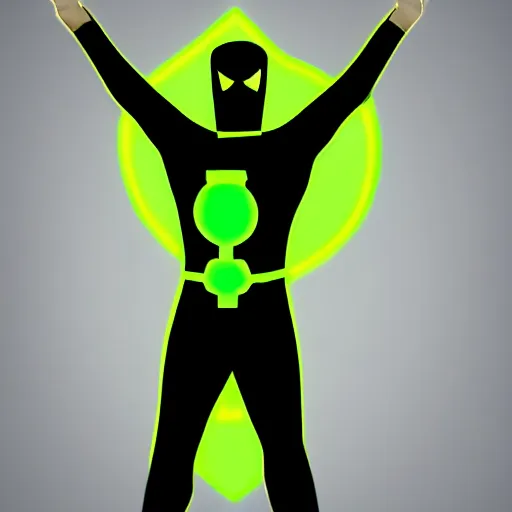 Image similar to sci fi superhero in green and black armor with a long golden cape with green energy coming from his hands