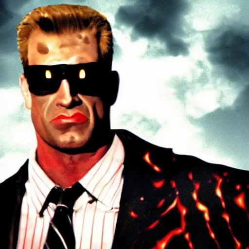 Prompt: Duke Nukem as The American Psycho, staring intensely, Duke Nukem art style, explosive background, cinematic still