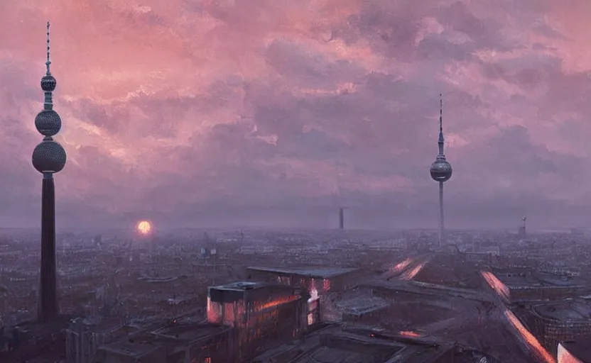 Image similar to painting of skyline of berlin with television tower at sunset, natural light, concept art, by greg rutkowski, cozy atmospheric and cinematic lighting