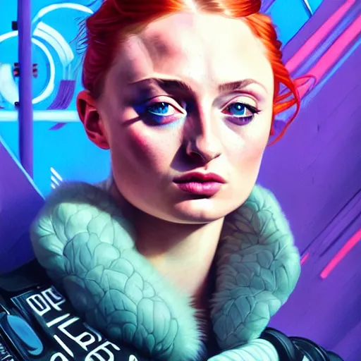 Image similar to high quality high detail portrait of a sophie turner as diesel punk character in an futuristic world, tristan eaton, victo ngai, artgerm, rhads, ross draws, hyperrealism, intricate detailed, alphonse mucha, pastel colors, vintage, artstation,