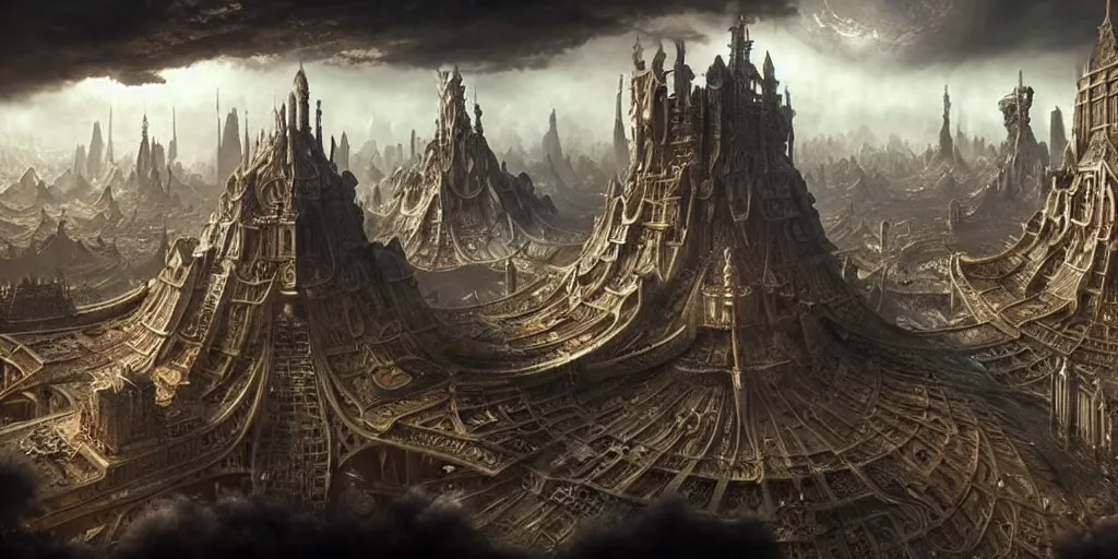 Image similar to a beautiful and insanely detailed matte painting of an advanced sprawling civilization with surreal architecture designed by akihiko yoshida!, whimsical!!, epic scale, intricate details, sense of awe, elite, fantasy realism, complex layered composition!!