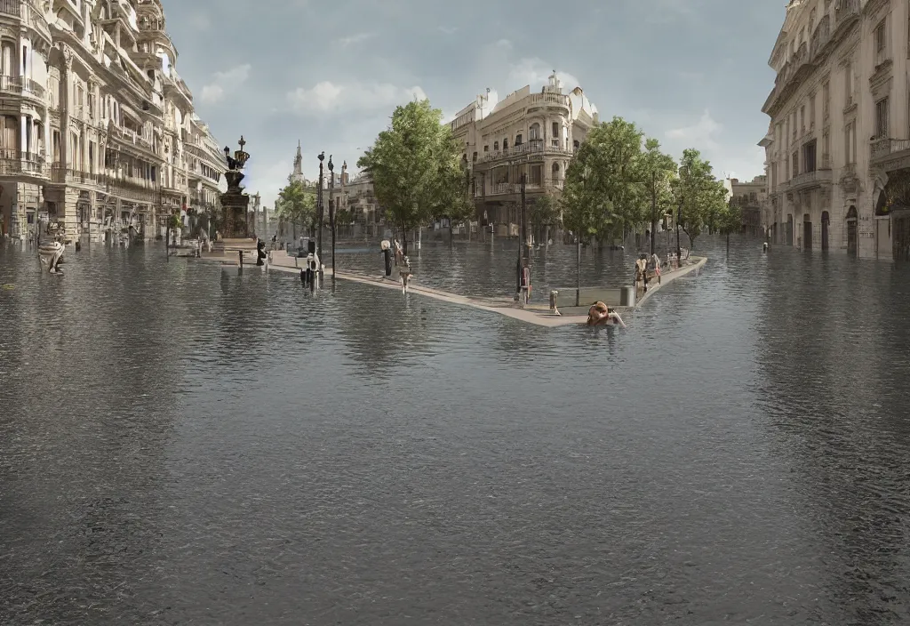 Image similar to kodak portra 4 0 0 photographic and realistic, plaza of spain, detailed, octane render, unreal engine, 4 k, artstation, hyper realistic, wide angle, floor flooded, how a river, objects that float, 3 5 mm, sharp focus, soft light, volumetric light fog, in the style of gregory crewdson