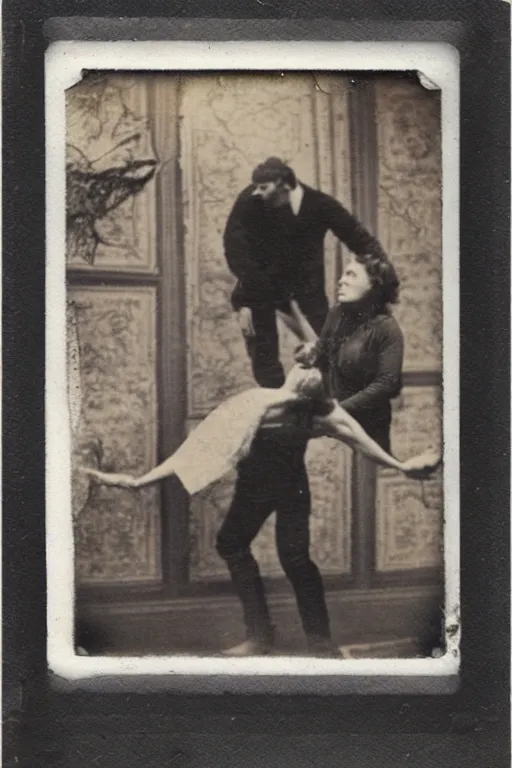 Prompt: man breaking into pieces while a woman tries to hold the fallen parts, surreal, 1 9 1 0 polaroid photo