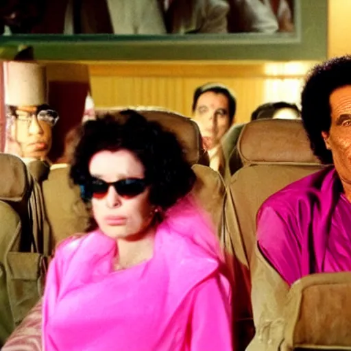 Prompt: A movie still of Muammar Gaddafi wearing a pink dress in Mean Girls