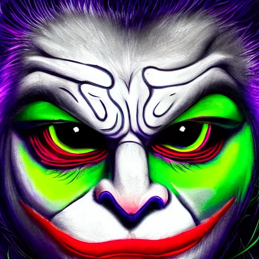 Prompt: ” a handsome big - eye cat with long hairs wearing a joker mask, neon colors and beautiful lighting, highly detailed, digital painting, 8 k, close up ”
