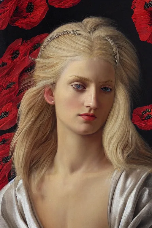 Prompt: hyperrealism close-up mythological portrait of a medieval blond female merged with huge number of poppy, dark palette, pale skin, wearing silver silk robe, in style of classicism