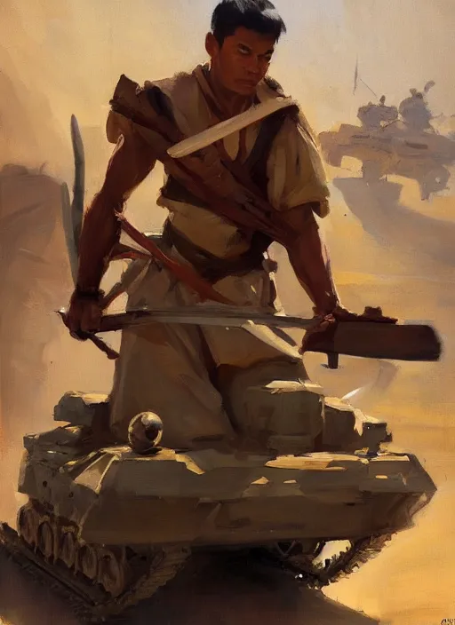 Prompt: greg manchess portrait painting of a filipino man holding a sword sitting on a tank, asymmetrical, profile picture, organic painting, sunny day, matte painting, bold shapes, hard edges, street art, trending on artstation, by huang guangjian, gil elvgren, ruan jia, randy vargas, greg rutkowski