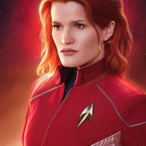 Prompt: ultra realistic illustration, bella thorne as captain janeway wearing star trek red uniform, intricate, elegant, highly detailed, digital painting, artstation, concept art, smooth, sharp focus, illustration, art by artgerm and greg rutkowski and alphonse mucha