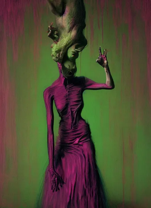 Image similar to a skinny artist drawn into the worlds madness. gothic, rich deep pink, blue and green colours, creepy, mystical, highly detailed and intricate, by francis bacon, edward hopper, adrian ghenie, glenn brown, soft light 4 k, pink and green colour palette, cinematic composition, cinematic lighting, high quality octane render