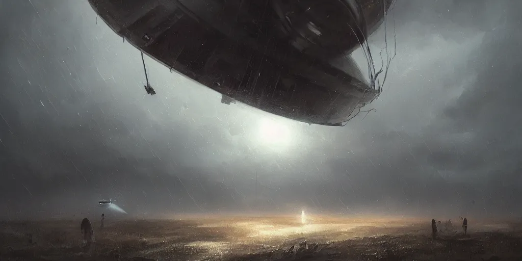 Prompt: epic cinematic concept art of an ufo during an giant, cloudy, foggy, storm, night setting. realistic shaded concept art by greg rutkowski, radiant light, detailed and intricate environment, digital art, trending on art station, illustration