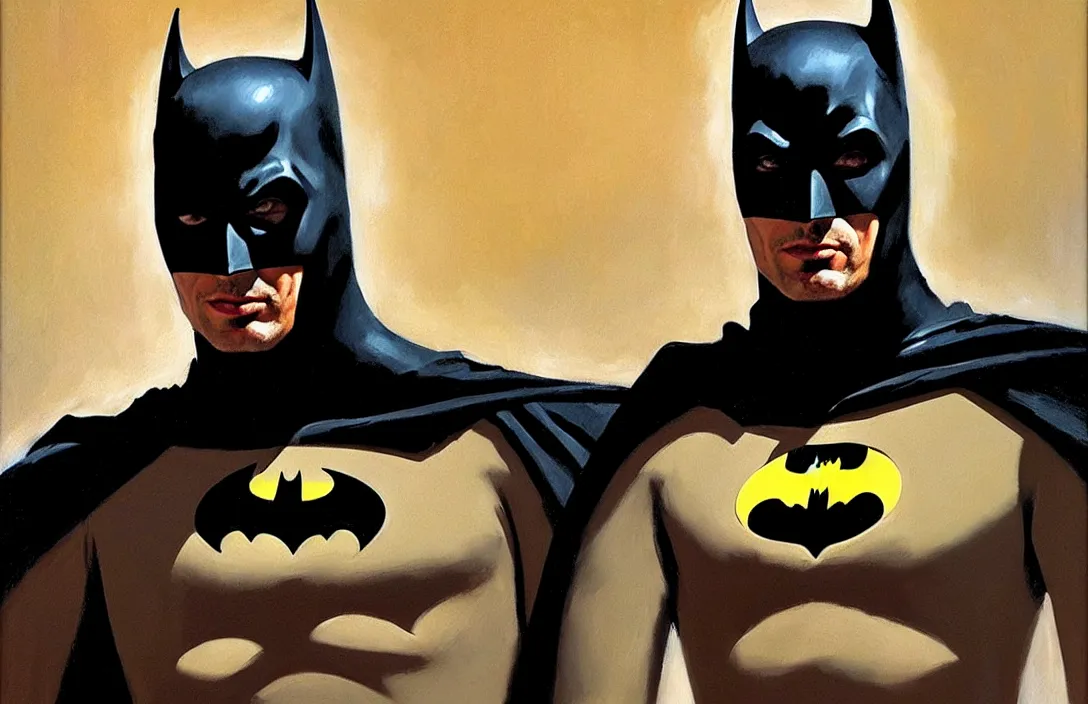 Image similar to portrait of adam west batman!!!!!!!!!!!!!!!!!!!!!!!!!!!, detailed face, detailed painting,, epic lighting, by ilya repin, phil hale and kent williams