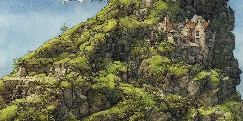 Prompt: Beautiful artwork chilling house in the edge of a cliff detailed painting vegetation trees nature people High Quality by Anton Pieck