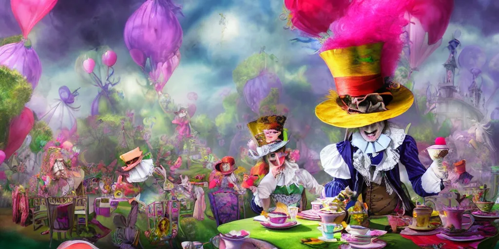 Image similar to The Mad Hatter teaparty, Alice in wonderland, colorful, wide angle, super highly detailed, professional digital painting, artstation, concept art, smooth, sharp focus, no blur, no dof, extreme illustration, Unreal Engine 5, Photorealism, HD quality, 8k resolution, cinema 4d, 3D, beautiful, cinematic, art by artgerm and greg rutkowski and alphonse mucha and loish and WLOP