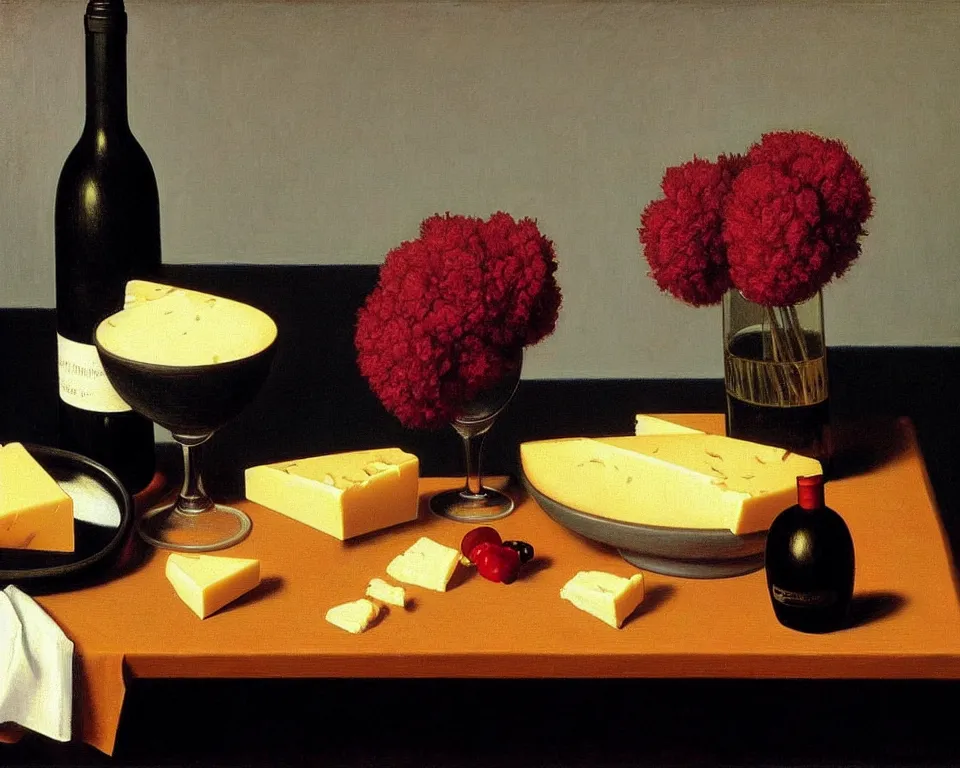 Image similar to an achingly beautiful still life featuring blooming flowers, tillamook cheese, and red wine on a table with a black background by Raphael, Hopper, and Rene Magritte. detailed, romantic, enchanting, trending on artstation.