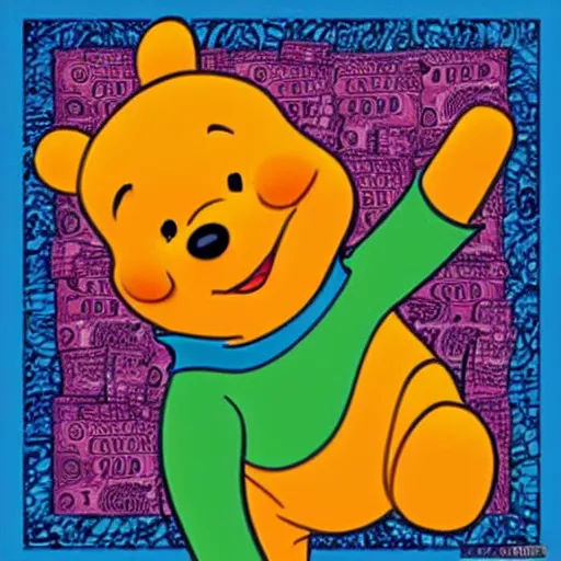 Image similar to winnie the pooh wearing a coogi sweater, fanning large amounts of dollar bills. in the style of cd cover art