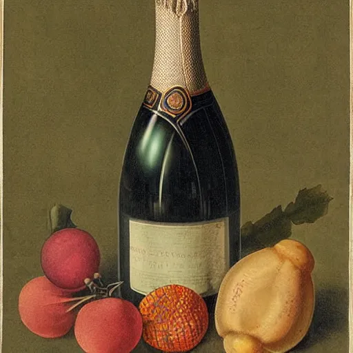 Prompt: still life of champagne bottle with 2 glasses. art by maria sibylla merian