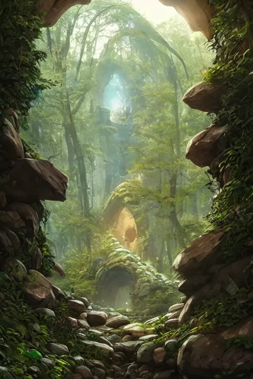 Image similar to big arch made of stones in a forest, d & d, fantasy, intricate, elegant, highly detailed, digital painting, artstation, concept art, matte, sharp focus, illustration, hearthstone, art by artgerm and greg rutkowski and alphonse mucha