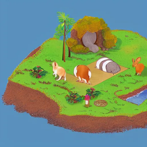 Image similar to isometric view of an island full of guinea pigs and rabbits