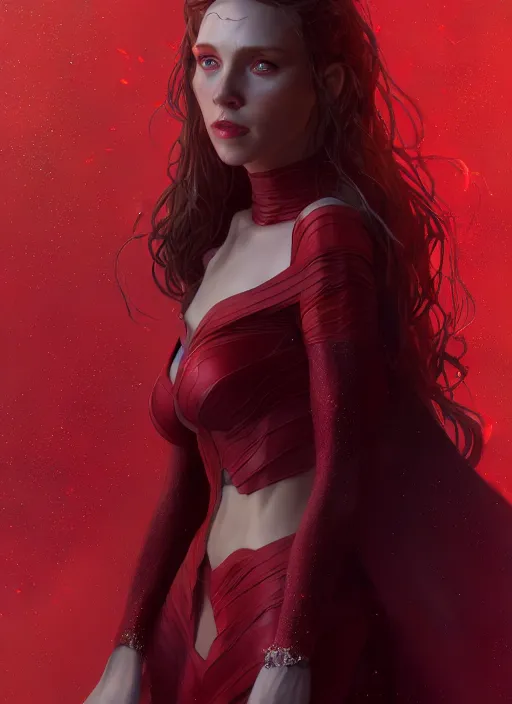 Prompt: Scarlet Witch, full body portrait, hyper detailed, digital art, trending in artstation, cinematic lighting, studio quality, smooth render, unreal engine 5 rendered, octane rendered, illustration, art style by klimt and nixeu and ian sprigger and wlop and krenz cushart