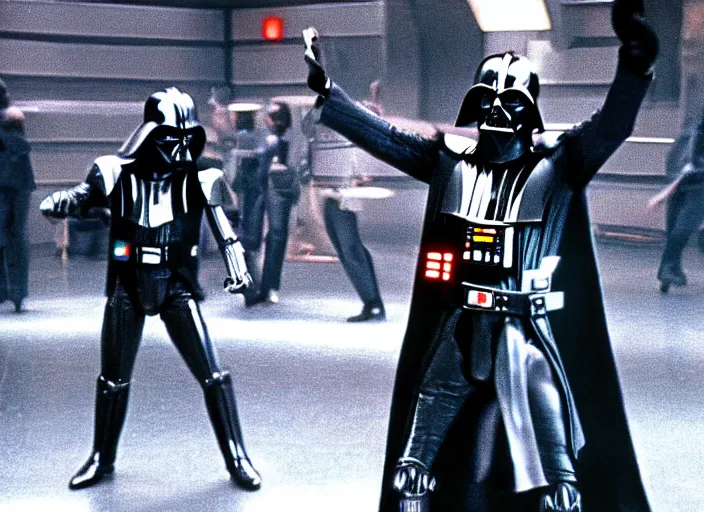 Prompt: film still of Darth Vader dancing as Tony Manero in Staying Alive 1983,