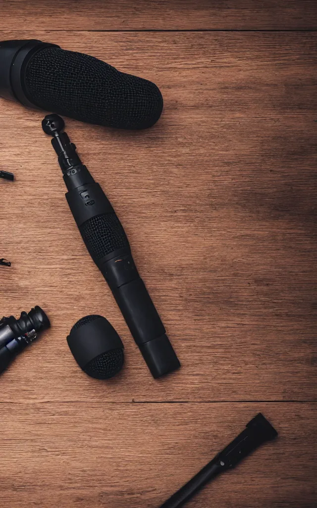 Image similar to a microphone next to a pistol on a wooden table, photo, canon, 8 k hd