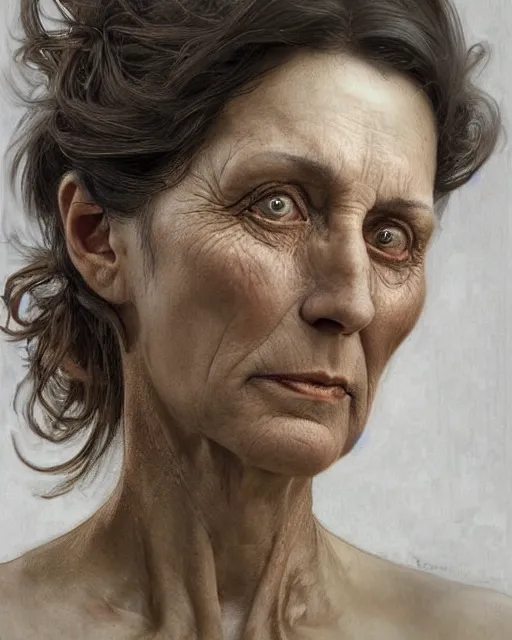 Image similar to portrait 6 0 - year - old woman, tall, severe - looking, with dark hair tied up in a bun, hyper realistic face, beautiful eyes, fantasy art, in the style of greg rutkowski, intricate, alphonse mucha, hyper detailed, smooth