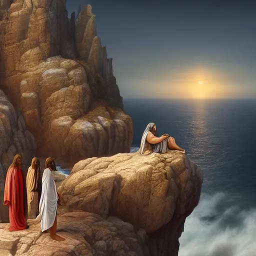 Prompt: a stunning matte landscape painting of jesus of nazareth meditating on a cliff with buddah and socrates, facing away from the camera watching the sunrise over the ocean, turbulent ocean in the background, sunrise, intricate, elegant, highly detailed, artstation, ultra sharp focus, octane render, volumetric lighting, art by greg rutkowski and rembrandt