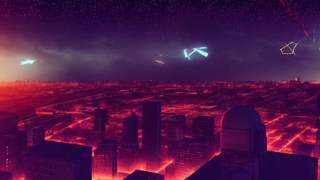 Prompt: view of a city from the top of a building at night, glowing stars, atom bomb falling from sky, dramatic lighting, octane render