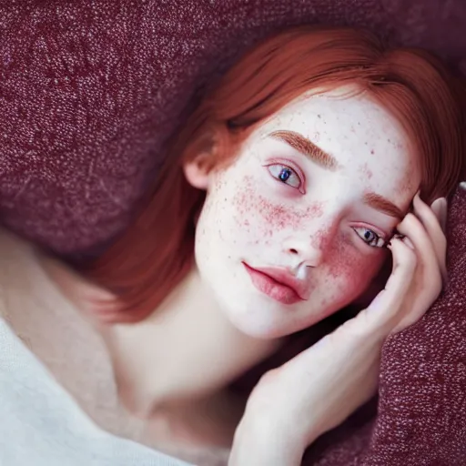 Image similar to portrait of a cute thin young woman, red blush, cute freckles wearing casual clothes, small smile, relaxing on a couch, cozy under a blanket, cozy living room, close up shot, 8 k, octane render, trending on artstation, art by artgerm and irakli nadar,, hyperrealism, hyperdetailed, ultra realistic