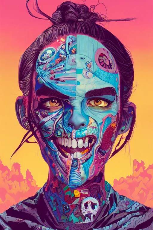 Prompt: a half zombie smiling, Tristan Eaton, victo ngai, artgerm, RHADS, ross draws