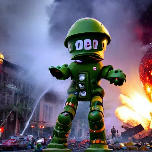 Image similar to giant toy soldier robot destroying a city explosion, panic, chaos