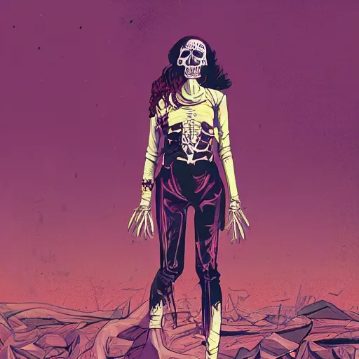 Image similar to a colorfully detailed comic noir style illustration of a beautiful woman wearing a skeleton suit in a post-apocalyptic desert by queens of the stone age and sachin teng, dark vibes, street art, cinematic, high contrast, depth of field