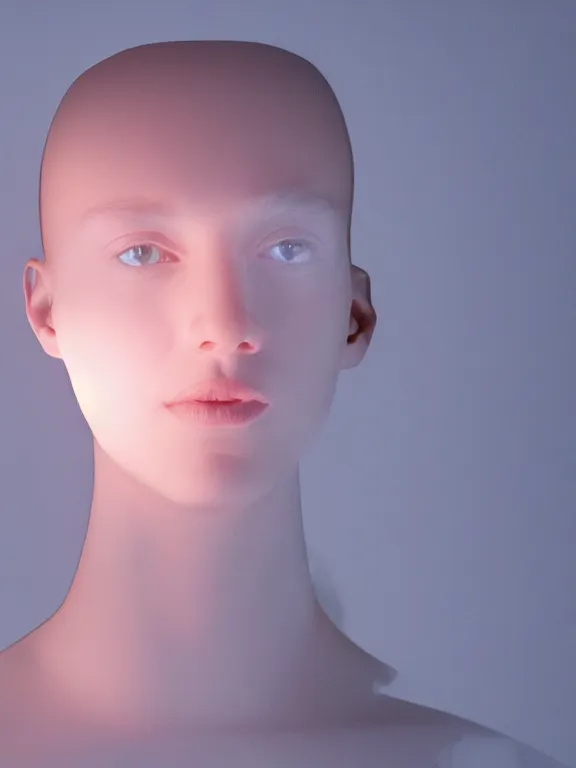 Prompt: an ultra high definition professional studio quality photograph of a transparent iridescent perspex pastel coloured face visor on a white sculpture of a human form in an empty white room. dramatic lighting, ray tracing, refraction, shallow d. o. f, colour corrected, golden ratio, three point light. volumetric shadows. light rays.