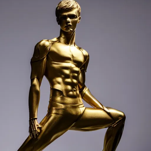 Prompt: a realistic detailed photo of a guy who is an attractive humanoid who is half robot and half humanoid, who is a male android, soccer players martin ødegaard, shiny skin, posing like a statue, blank stare, in a museum, on display, showing off his muscles, gold soccer shorts, ground view, ceramic statue