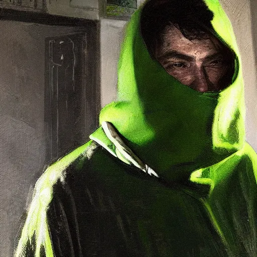 Image similar to portrait of a lost chad programmer with green hood by jeremy mann, dramatic lighting, close up