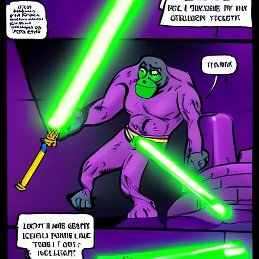 Image similar to purple gorilla using a green light saber in the desert comics style, in rick sanches garage